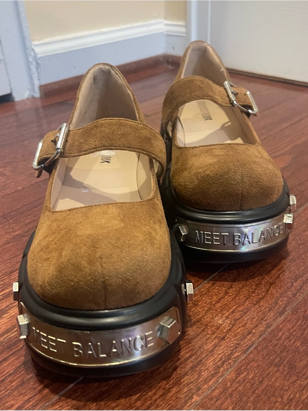 Chunky Brown Suede Mary Jane Mules with Buckle Detail